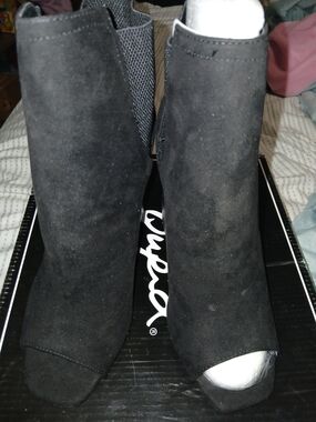 Qupid Black Suede Peep Toe Ankle Booties